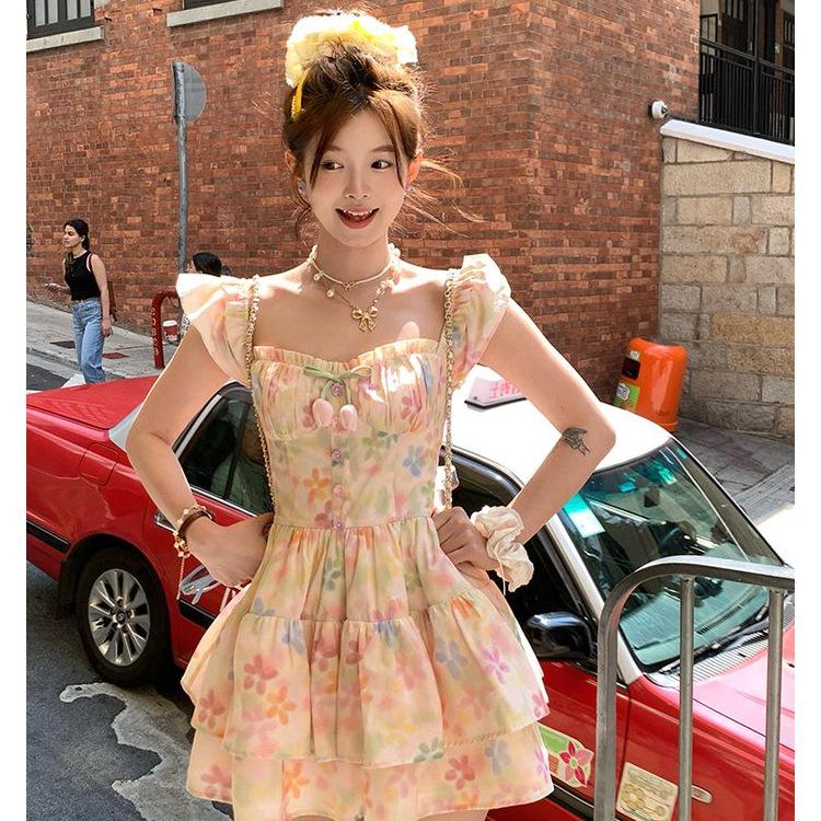 French Style Square Neck Puff Sleeve A-line Dress - Women s Colorful Summer Print Skirt Medium