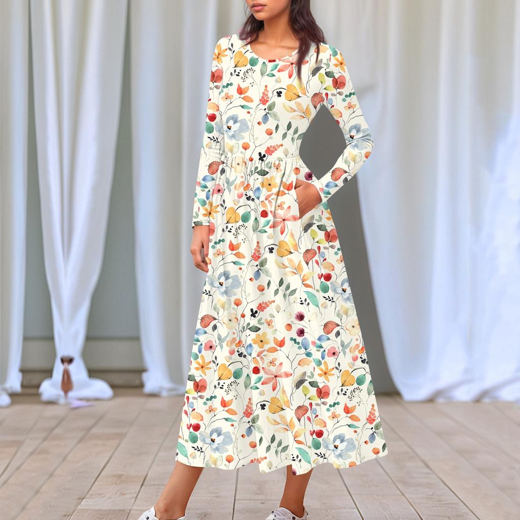 Dámské květinové šaty midi boho s přechodovým potiskem ležérní šaty s dlouhým rukávem splývavé, splývavé šaty s svátečními šaty do kapsy pro ženy
