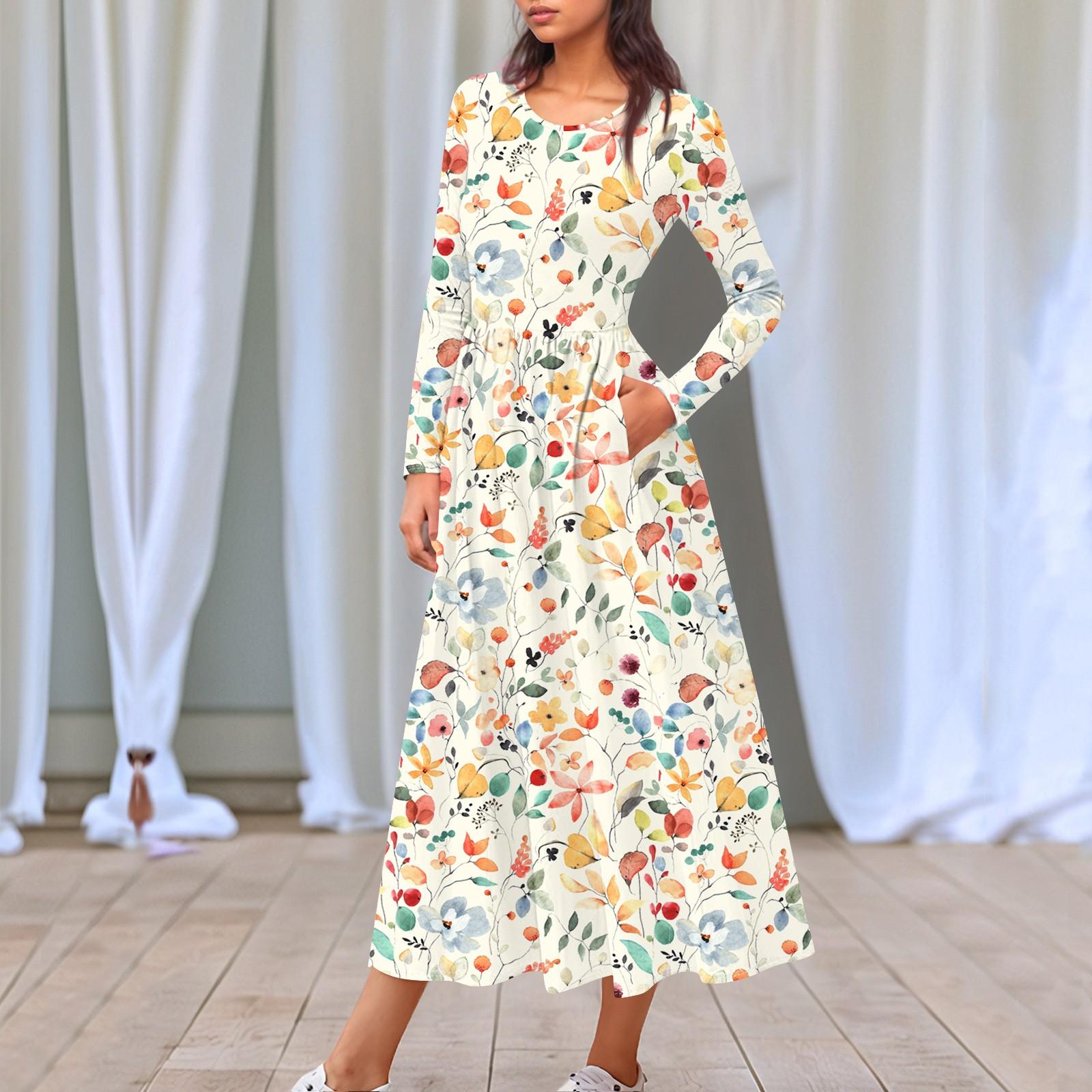 

Женское платье миди в стиле бохо с цветочным принтом, повседневное, с длинным рукавом, струящиеся платья со сборками и карманом, лето и весна XL жёлтый