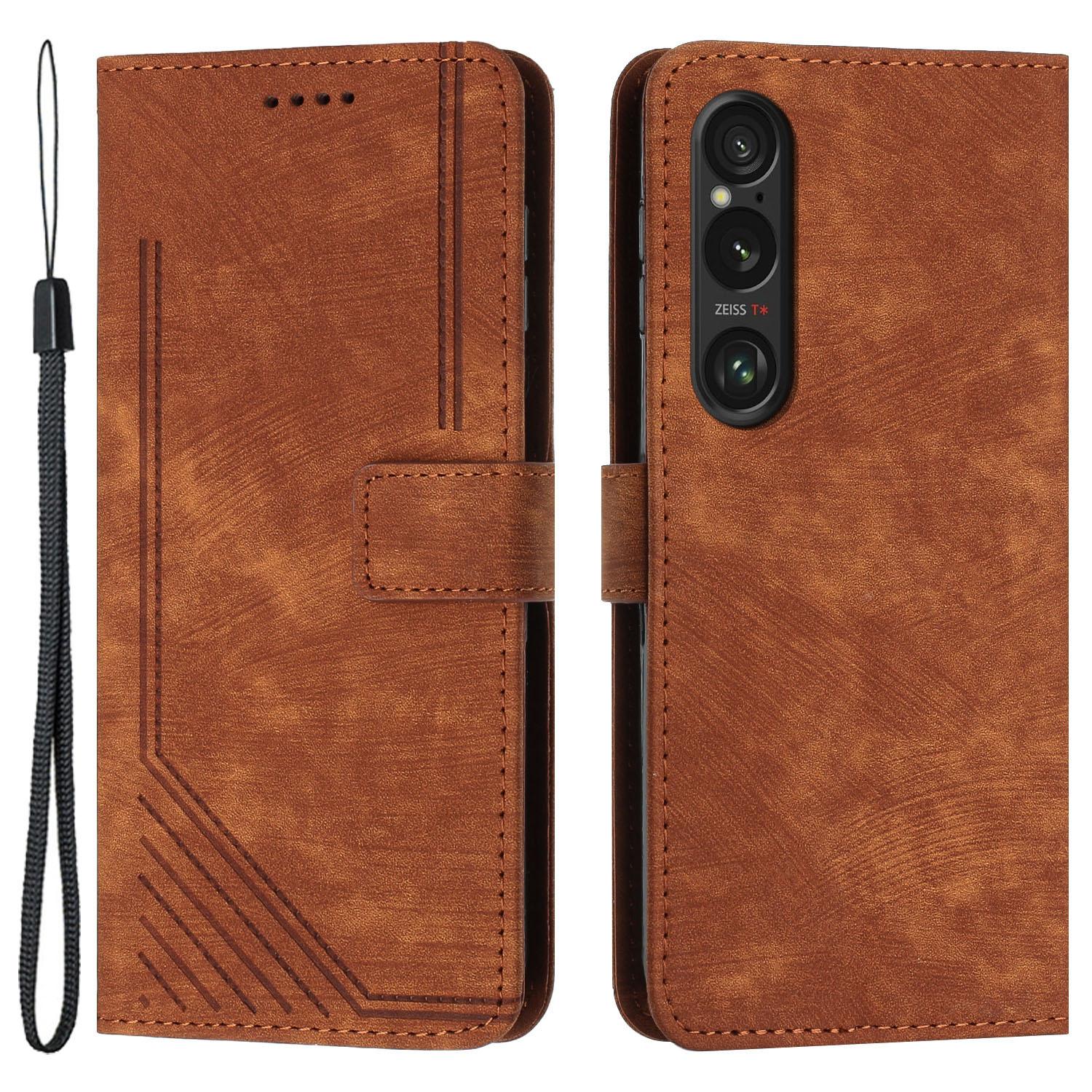 

For Sony Xperia 1 VI Case Lines Imprinted Leather Full Protection Phone Cover Brown