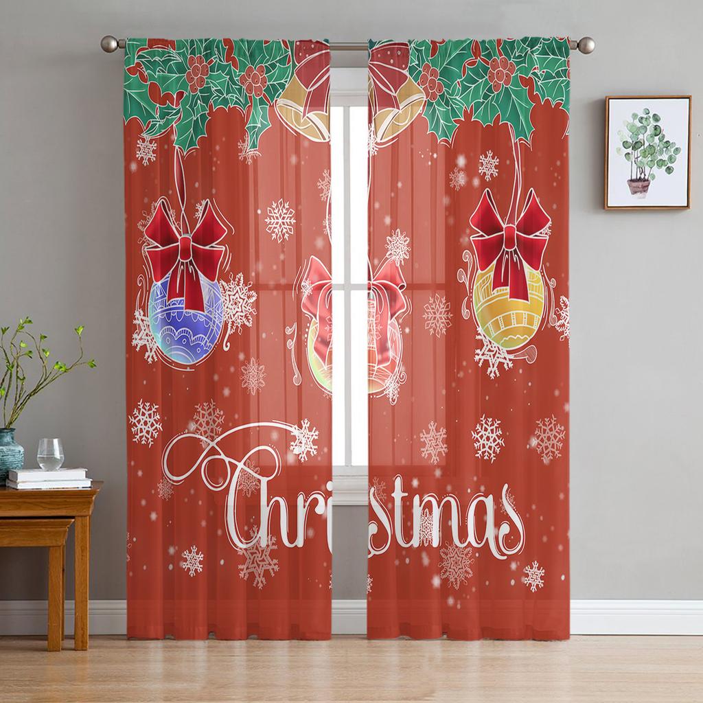Christmas Bells Letters Bow Ribbon Tulle Sheer Window Curtains for Living Room Bedroom Christmas Decor Voile Curtains Drapes