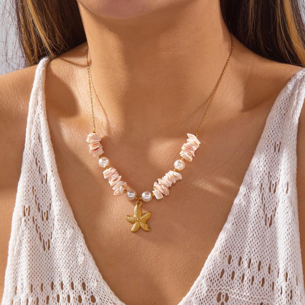 Summer Beach Vacation Necklace For Women Starfish Shell Pendant Irregular Stone Choker Neck Chain Hawaiian Holiday Party Jewelry