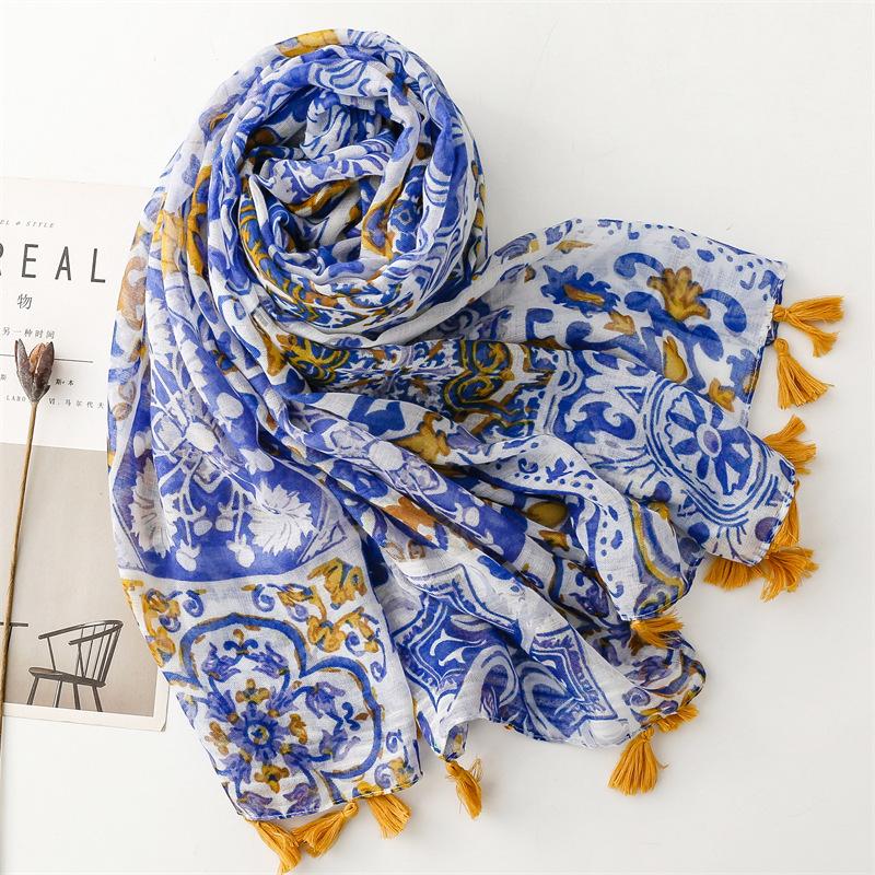 Women's Ethnic Print Scarf with Tassel Fringe LightweightMulti-Functional Shawl for Warmth, & Style - Blue & White Bohemian Design for Casual Outings