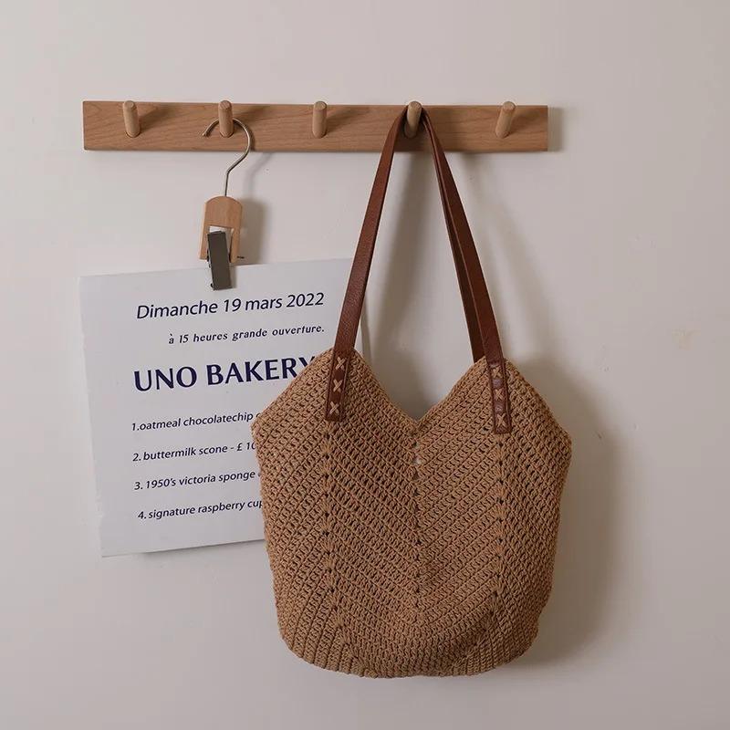 Single Shoulder Cott Thread Woven Bag, Summer Beach Vacati Hand-held Woven Bag, High-quality Grass Woven Tote Bag