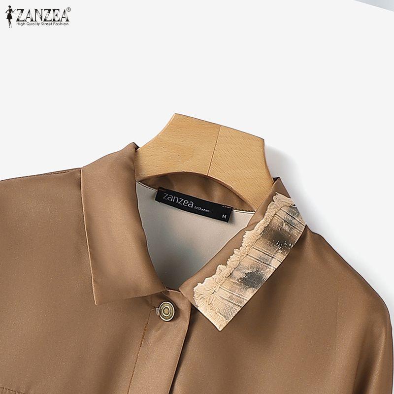 ZANZEA Women Casual Turn Down Collar Loose Long Sleeve Blouse