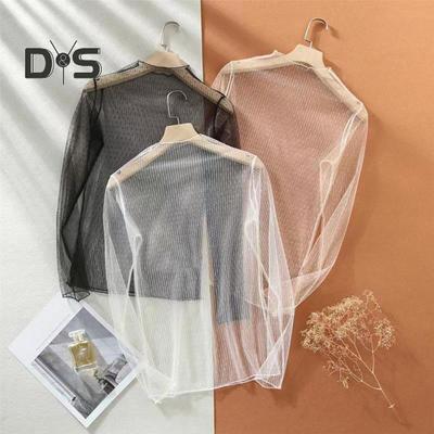 Women Top Ultra Thin See Through Lace Long Sleeves Solid Color Loose Soft Casual Mock Neck Visible Spring Summer Shirt