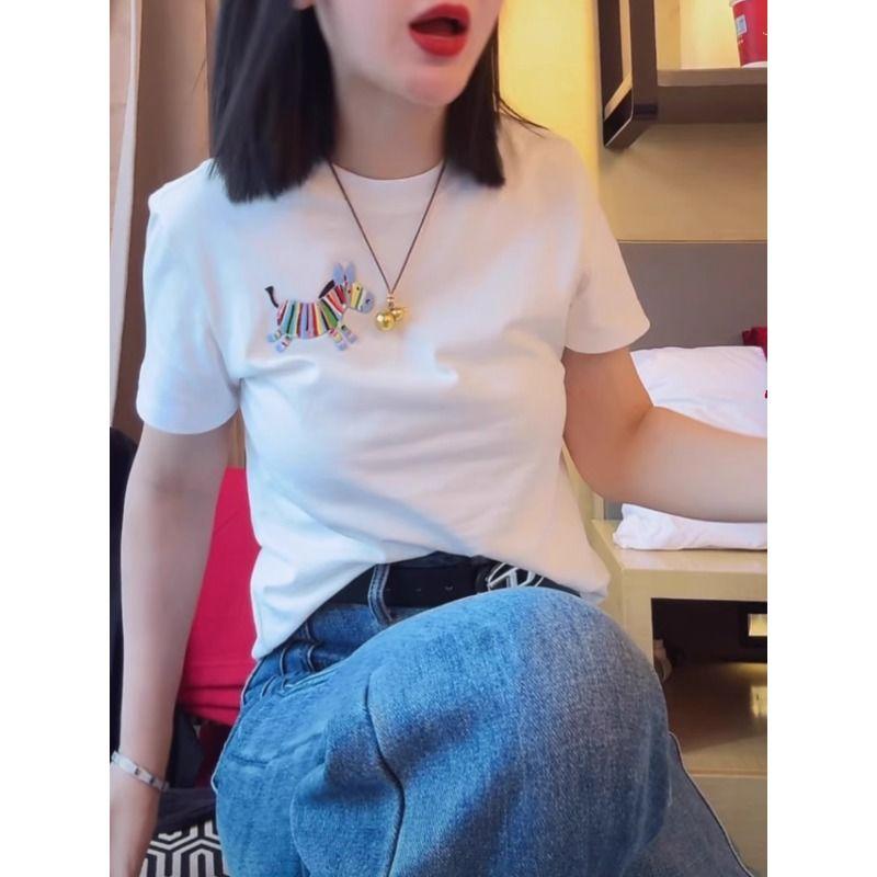 Spring New Color Pony Embroidered Pure Cotton Short-sleeved T-shirt for Women Simple and Fashionable Versatile Slim Round Neck
