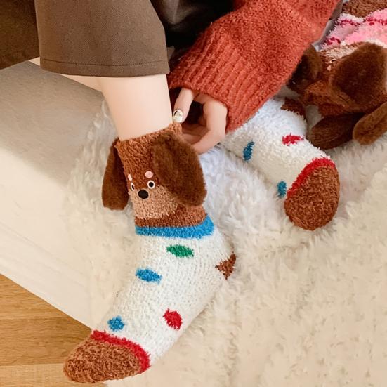 1 Pair Floor Socks 3D Cartoon Dachshund Design Striped Print Elastic Opening Socks Coral Fleece Thickened Mid-Length Sleeping Socks