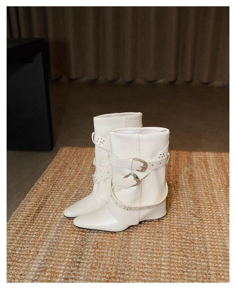 

French Spice Girl Riveted Pants Boots Women s Pointed Wedge Heel Medium Knight Boots Niche High-end Fashion Short Boots 40