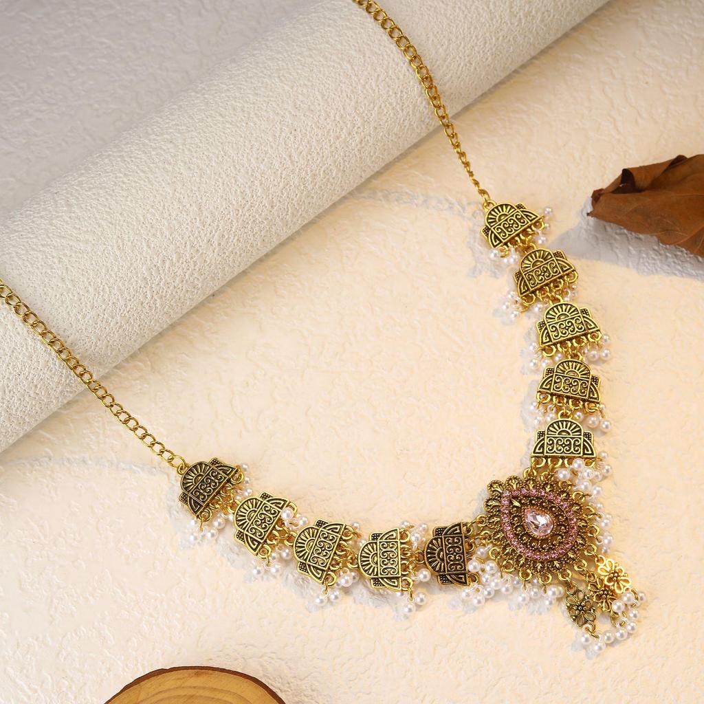 Bohemian Exotic Rhinestone Tassel Necklace & Earrings Set In Antiqued Alloy