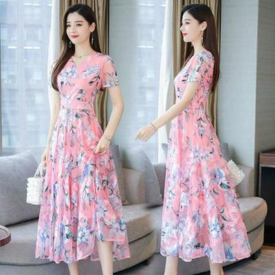Korean Style Floral V-Neck Short Sleeve A-Line Dress for Moms