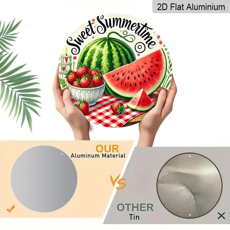 2D Flat, 1pc Retro "Sweet Summertime" Round Aluminum Metal Sign, Watermelon & Strawberry with Checkered Picnic Cloth Weatherproof Design, Durable