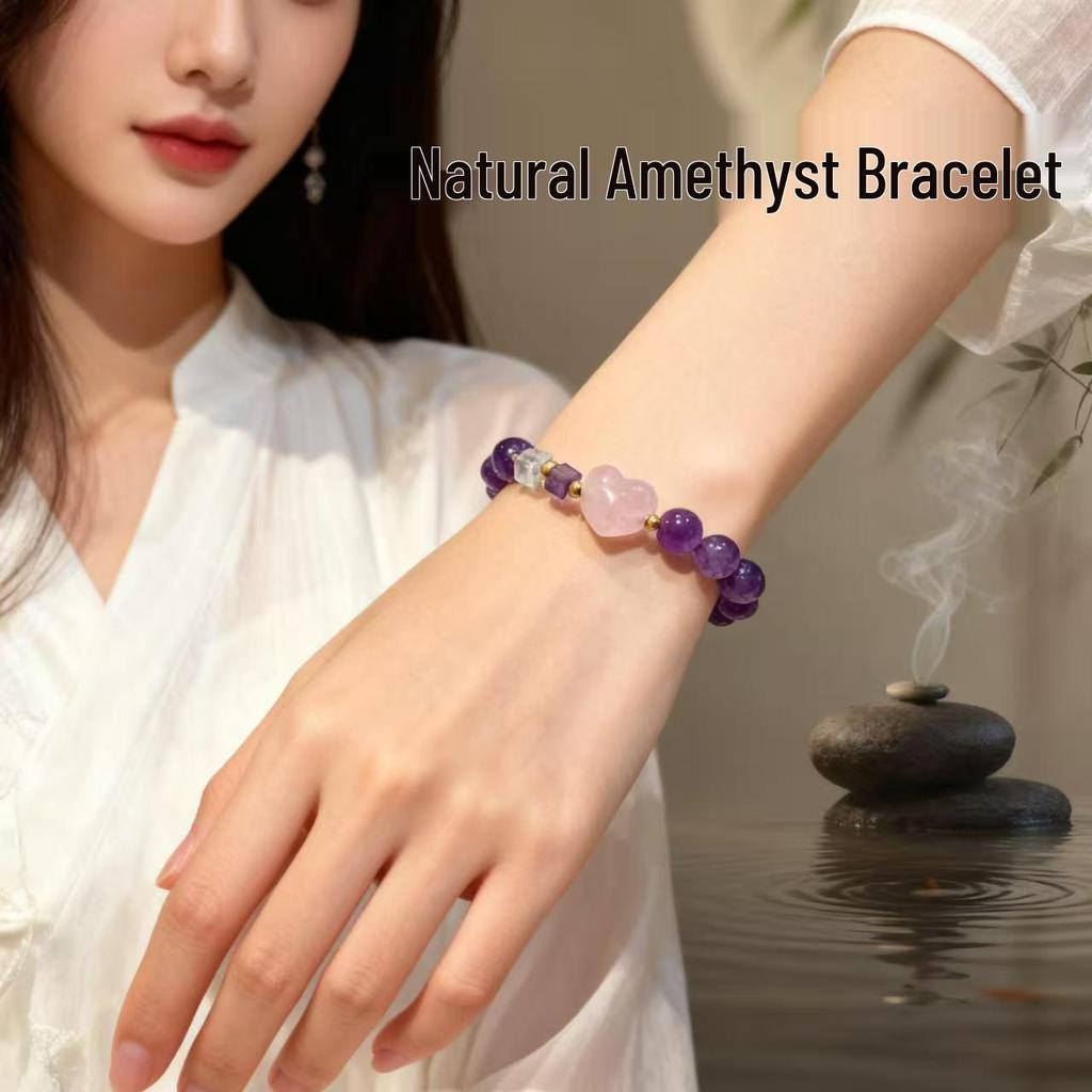 Natürliches Amethyst- und Rosa-Kristall-Perlenarmband - Einfacher Chinesischer Stil