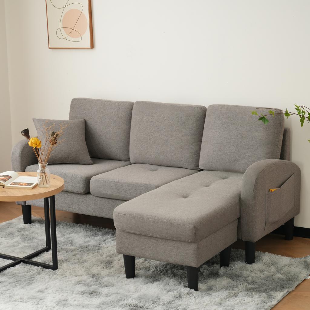 L-förmiges Ecksofa mit Chaiselongue – 3-Sitzer, 166 x 118 x 77 cm, Baumwoll-Leinen-Stoff, Kunststofffüße, modular, Wohnzimmer, Wohnungen und Büros