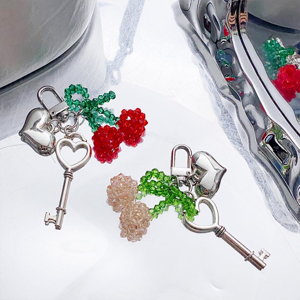 Handmade Crystal Cherrys Heart Lock Keychain Stylish Woven Charm Pendant for Fashionable Women Ladies Daily Use