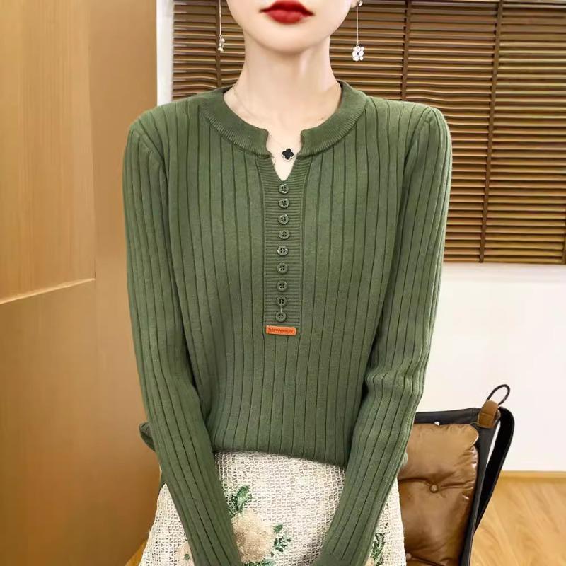 Autumn and Winter New Knitted Pullover with Buckle Draw Inside with Regular Round Neck Long-sleeved Bottomed Velvet Shirt