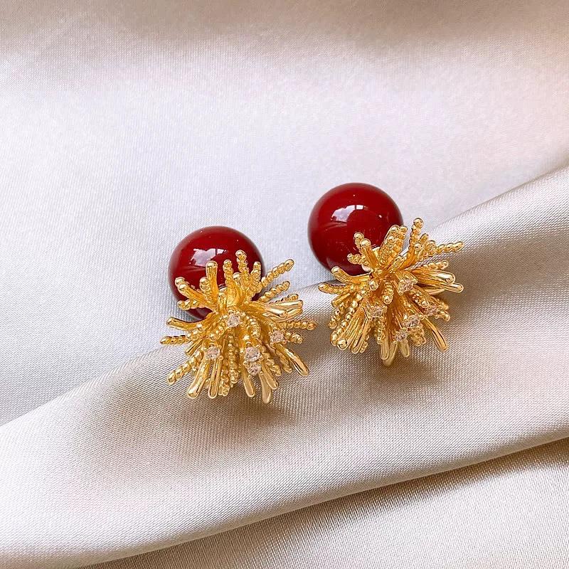 Luxury Silver Diamond-Inlaid Red Flower Pearl Stud Earrings: Elegant Design with a Fashionable Flair