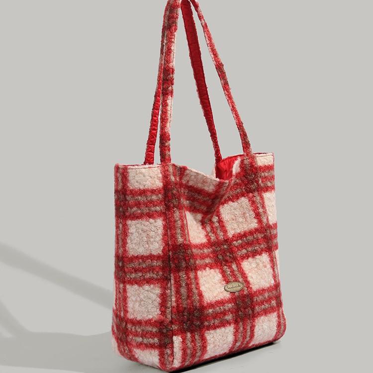 2024 Autumn Winter New Plaid Vertical Striped Plush Korean Style Ins Style Double-Sided Large Capacity Single Shoulder Tote Bag
