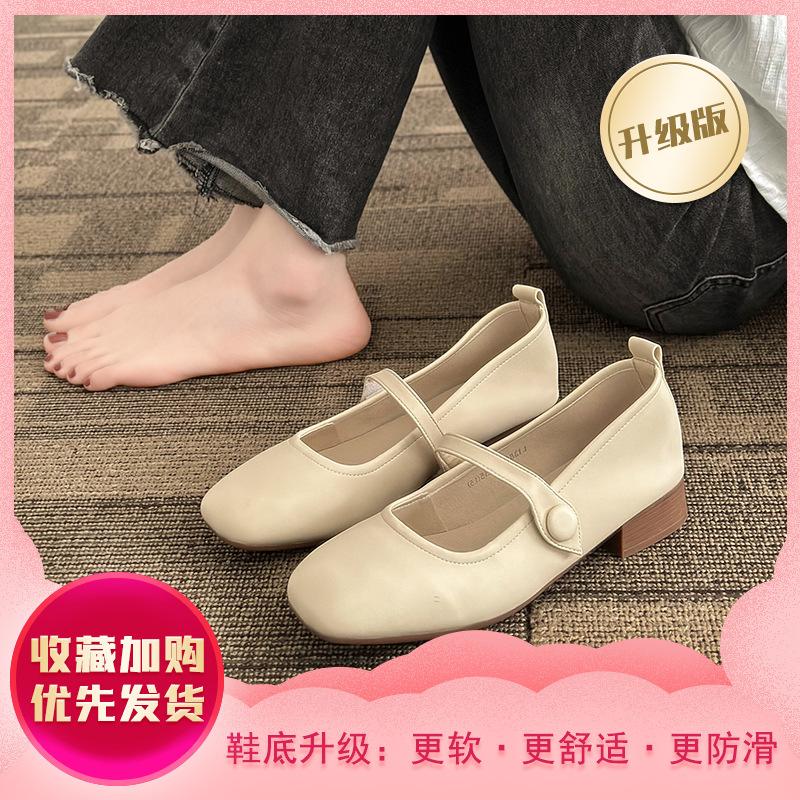 Mary Jane Women's Shoes 2025 New Spring and Summer Single Shoes Women's Flat Bottom Shallow Mouth Square Head Soft Sole Medium Heel Thick Heel Smal