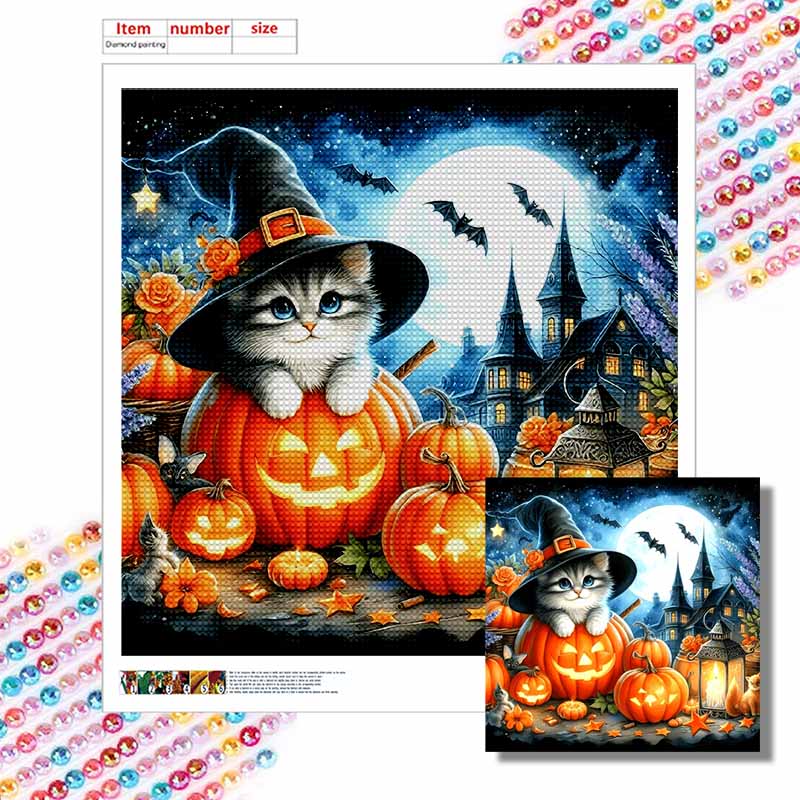 New Arrival 5D DIY Full Circle Diamond Painting "Halloween with Kittens" Embroidery Cross Stitch Home Decor Gift