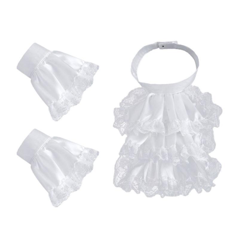 G5AE Victorian Colonial Jabot Set Ruffled Lace Necktie Collar with Wrist Cuffs Set