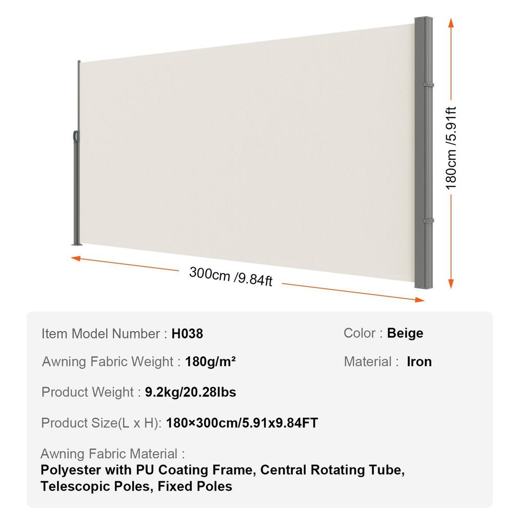 Retractable Side Awning, 71''x 118'' Outdoor Privacy Screen, 180g Polyester Water-proof Retractable Patio Screen, UV 30+ Room Divider Wind Screen for