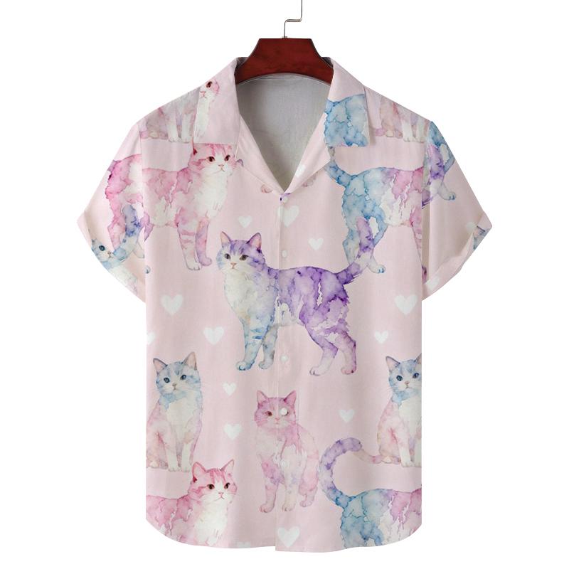 Zomer Unisex Nieuw Kortmouwig Shirt met Kattenprint Patroon voor Casual Woon-werkverkeer, Modieus en Gepersonaliseerd Ademend Shirt