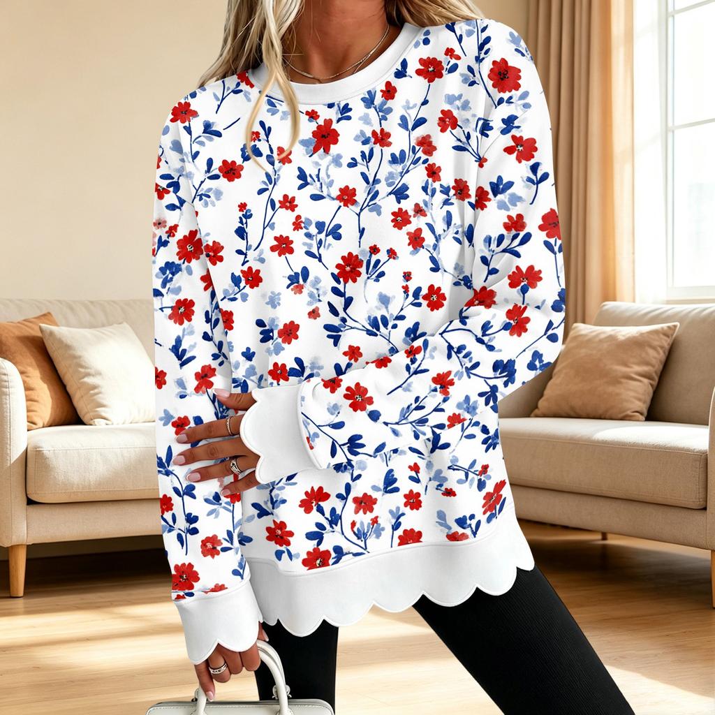 Dame Sweatshirt med Blomstertryk og Rund Hals med Skåret Bølget Kant Langærmet Pullover Top