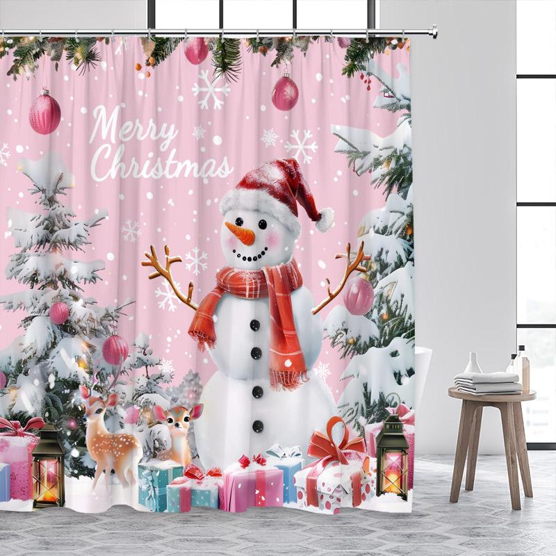 Christmas Shower Curtains Cute Snowman Santa Claus Xmas Tree Winter Town Street Landscape Bath Curtain Home Bathroom Decor Set