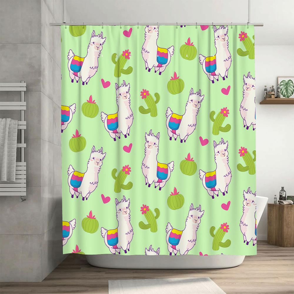 Chic Llama Print Shower Curtain For Bathroom Decor Cute Green Cactus Pink Hearts Design Home Decoration Waterproof Fabric Shower
