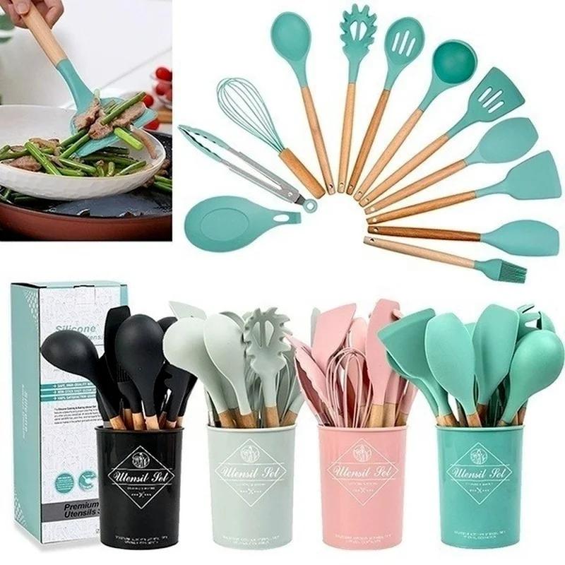 11pcs Wooden Handle Silicon Utensil Kitchen Tools Cookware Spatula Soup Spoon Brush Ladle Pasta Colander Non-stick Kitchenware
