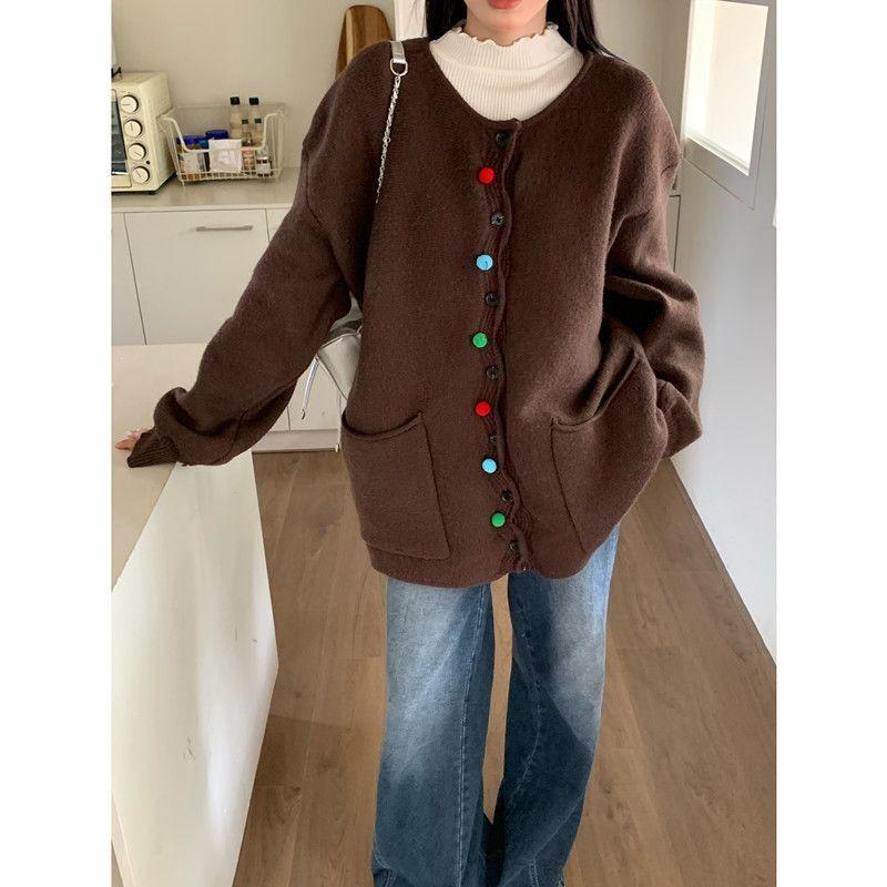 

Большой размер 2025 Осень Новый свитер кардиган Мягкий, милый, модный вязаный жакет свободного кроя Топ Женская одежда 4XL 150-80kg коричневый