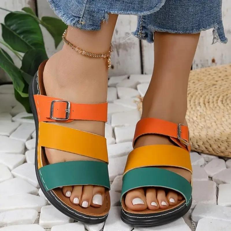Fashion New Women's Mixed Color Wedges Slippers Summer Peep Toe Non Slip Beach Shoes Woman Buckle Decor Slippers Platform Roman Sandals