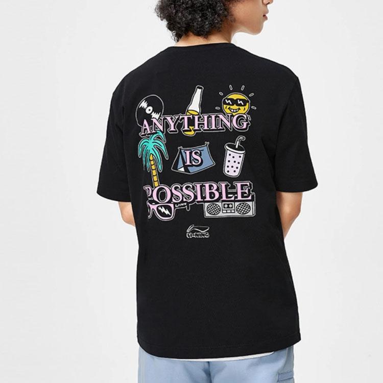 Li-Ning Sports Trend Series Graphic Letter Print Round Neck Short Sleeve T-Shirt Men Tops Black AHST179-4