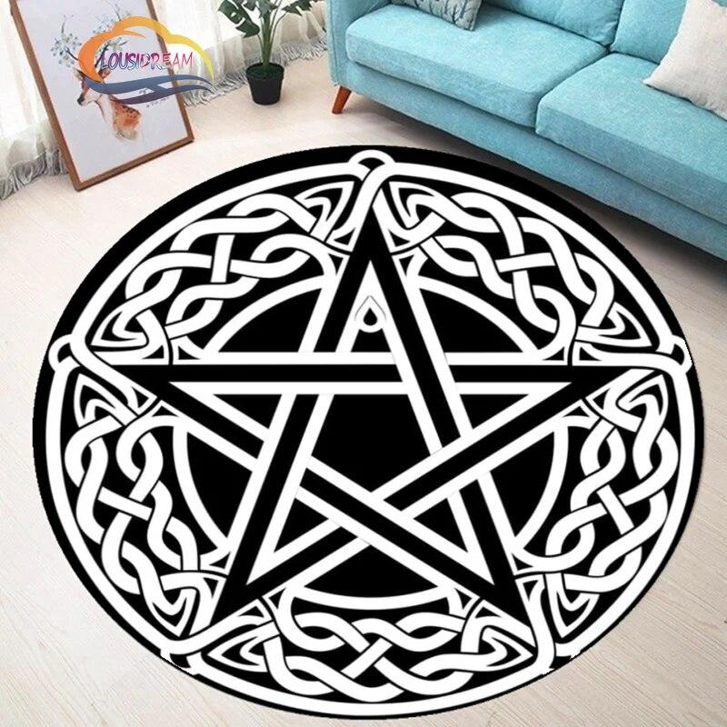 Pentagram Carpet Moon Satanic Round Rug Skull &  , Wicca  White  On Black  Goth Home Decor Chair Mats