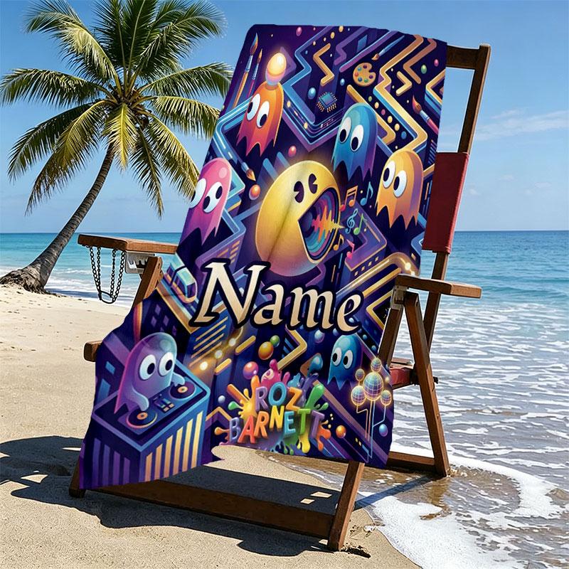 Custom Name Personalized PAC MAN Print Beach Towel, for Trip Camping Beach Party Home Decor, Birthday Gift for Family & Friends