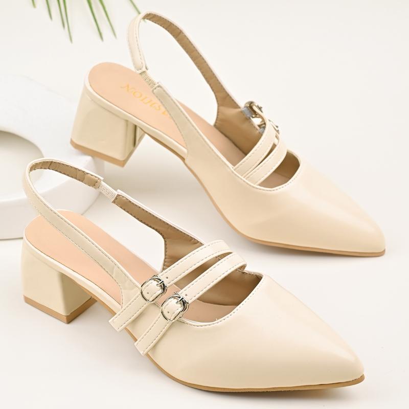 Fashion Summer Baotou High Heels Women's Fashion Pointed Toe Shallow Mouth Metal Belt Buckle Non-slip Square Heel Sandals