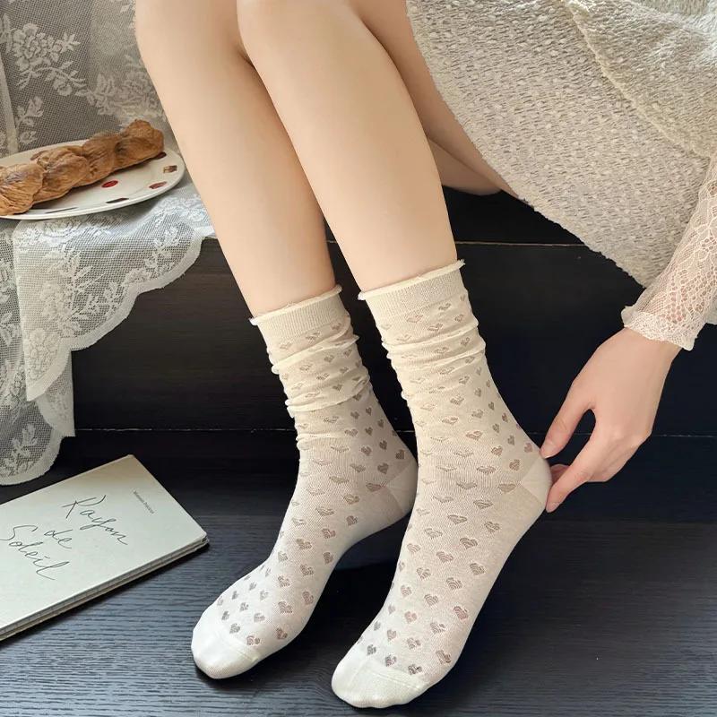 

1pair Spring Women Heart Hollow Out Lolita Style Cute Socks Thin Middle Tube Socks for Girl Sweet Soft Designer Loose Socks size eur 34-40