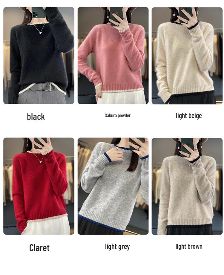 Women's Loose Color Block Cashmere Wool Sweater - Round Neck, Thick, and Stylish for Autumn & Winter