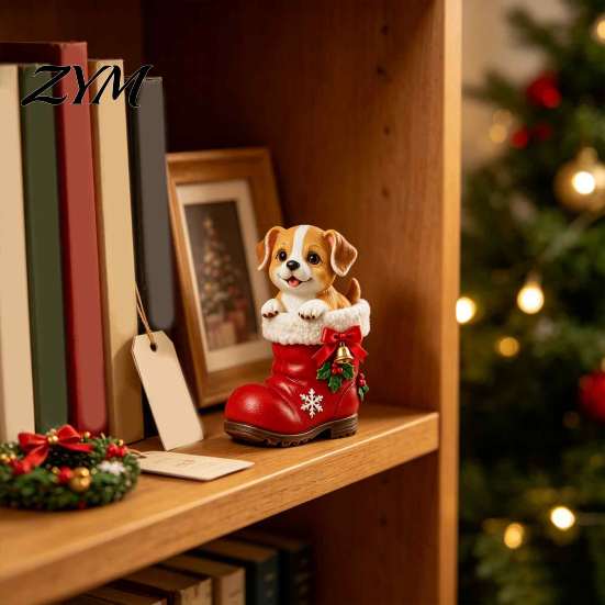 Winter Atmosphere Ornaments Christmas Puppy in Santa Boot Resin Figurine, Cute Dog Holiday Tabletop Decor with Festive Desk Accessories Bow