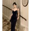 Velvet Dress Women's Morning Inside Temperament Socialite Medium and Long Suspender Skirt Pleated Waist Hip Skirt