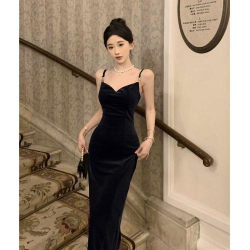 Velvet Dress Women's Morning Inside Temperament Socialite Medium and Long Suspender Skirt Pleated Waist Hip Skirt