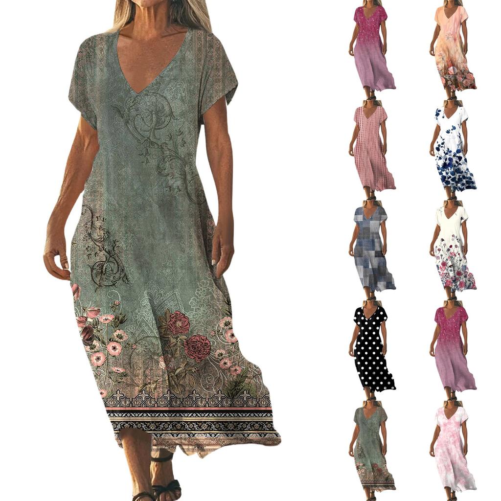 Fashion Women's Summer V-Neck Short Sleeve Vintage Floral Print Beach Dress