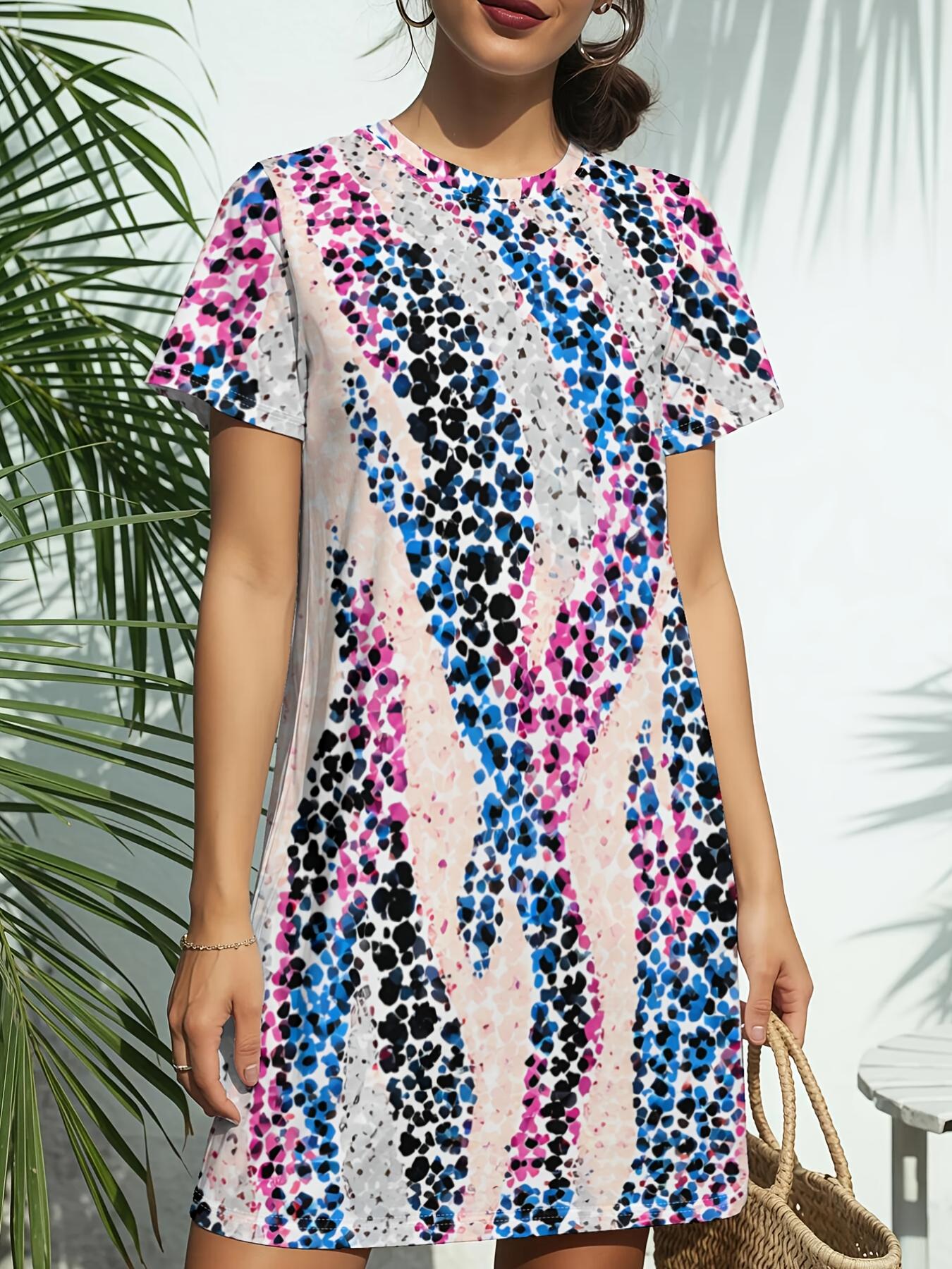 Women s Zebra Stripe T-Shirt Dress - Short Sleeve Round Neck Casual Dress with Zebra Print. Short Length Regular Fit Dress Suitable for Daily Wear. Da M дубильная кора