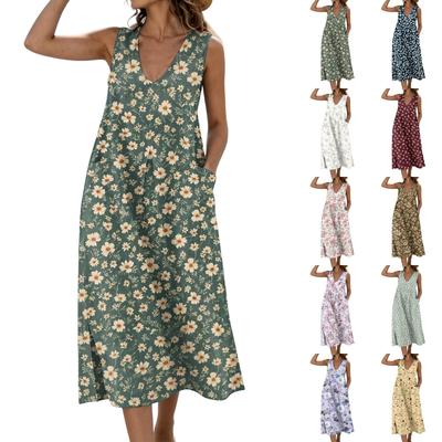 Ärmelloses Damenkleid aus Baumwolle und Leinen mit U-Ausschnitt, Taschen und seitlichem Schlitz, Blumenprint, lockere Passform für Freizeit und Alltag