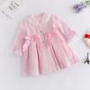 Girls Spring Autumn Pink Princess Dress With Bow Jacket Ruffled Flare Sleeves Sweet Two Piece Set For Kids