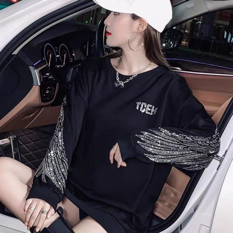 Women's Oversized Rhinestone Wings Hoodie - European Style Autumn/Winter 2021 Trend