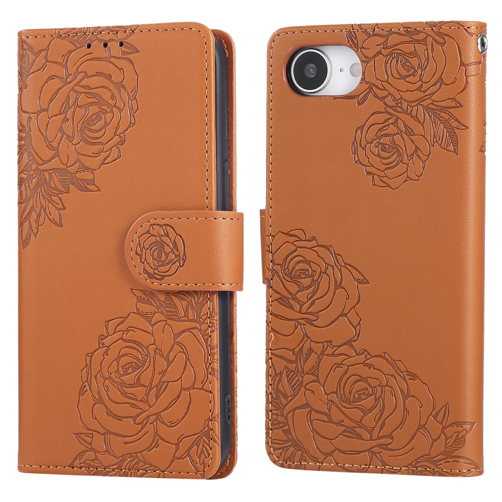 

For iPhone 16e Case Rose Flower PU Leather Wallet Phone Cover with 3 Card Slots Brown
