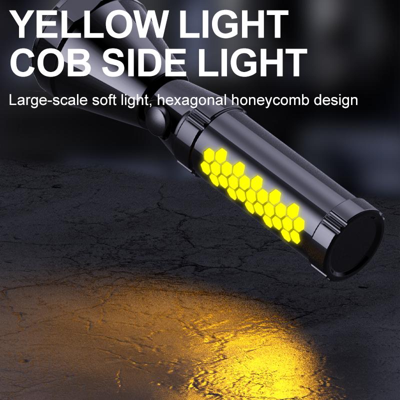 Top corner mode of LED portable flashlight with cellular side light supports TYPE-C charging.