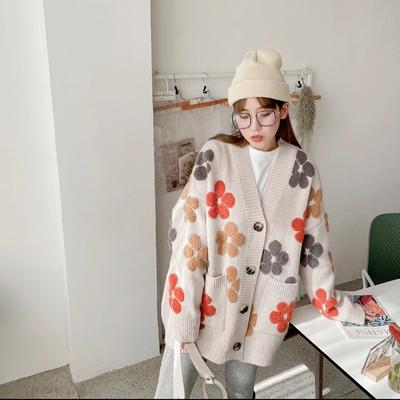 Long-sleeved Cardigan Sweater Women Autumn And Winter 2022 Fashion New V-neck Printed Blouse Loose Western Style Knitted Jacket